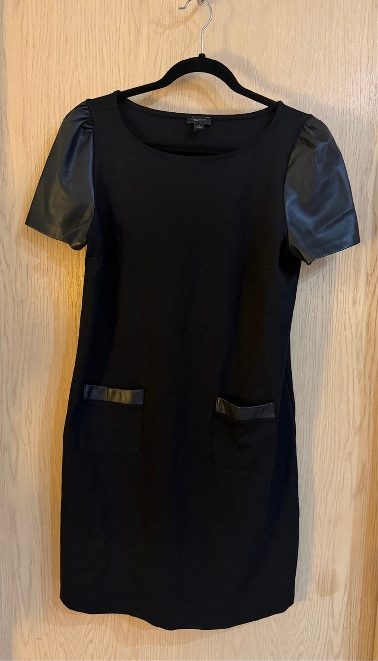 Ann Taylor Factory Black Faux Leather Puff Sleeve Shift Dress Size M